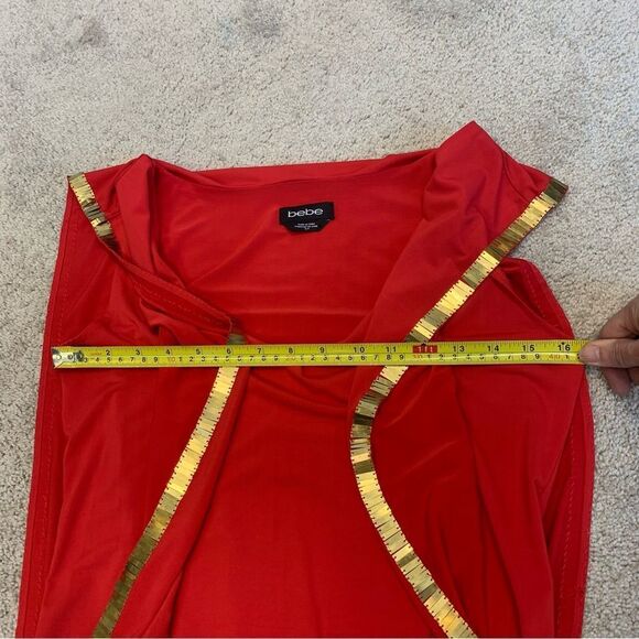 Bebe coral red gold sequin open sleeve V-neck mini dress Sz S - Picture 14 of 16
